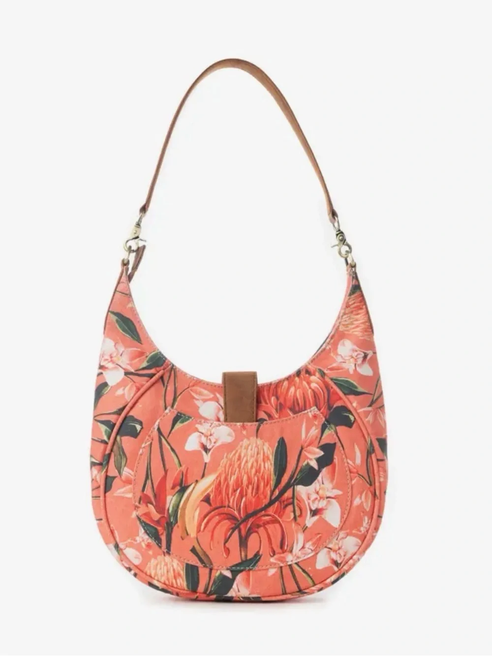 Myra Bag Coral Floral Crescent Shoulder Bag with Brown Trim